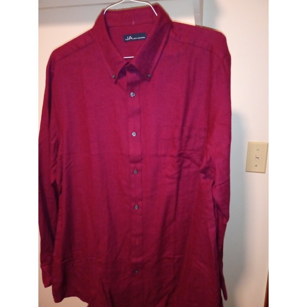 John Ashford Mens XL Burgundy Herringbone Cotton Long Sleeve Button Down‎ Shirt